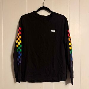 Vans Black Long Sleeve Tee with Rainbow Checkered Sleeves